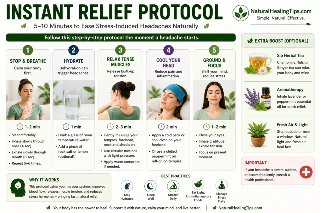 Natural Remedies for Stress-Induced Headaches 4 infographic showing instant relief protocol for stress-induced headaches including breathing, hydration, massage, cold compress, and relaxation steps