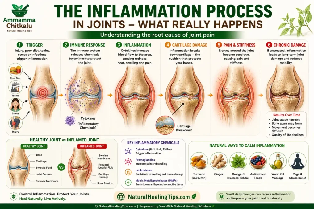 Diagram showing joint inflammation process including cartilage breakdown cytokine activity swelling and reduced synovial fluid causing joint pain