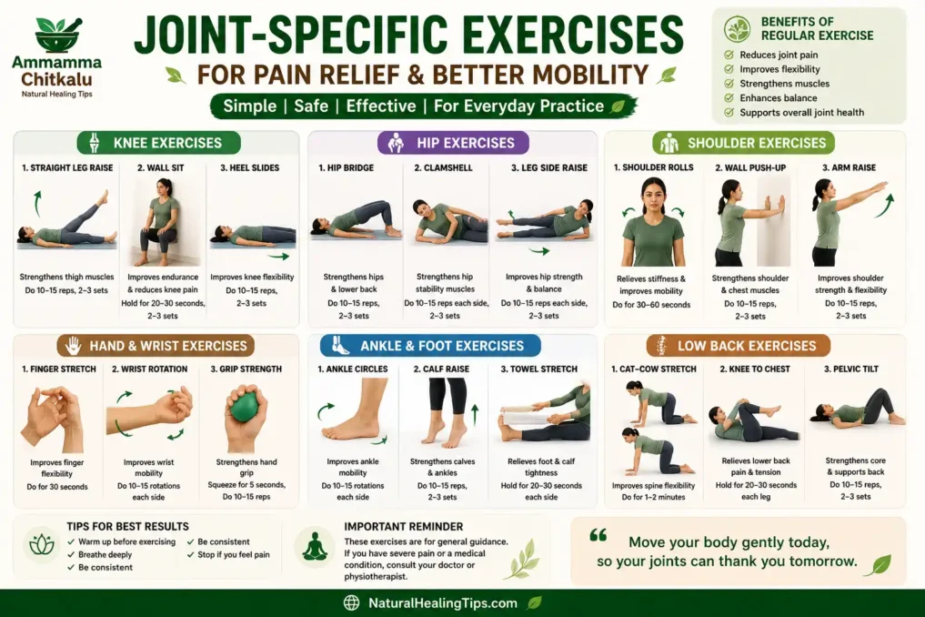 Illustration showing joint specific exercises for knee shoulder hip and hand to improve flexibility reduce pain and support joint mobility naturally