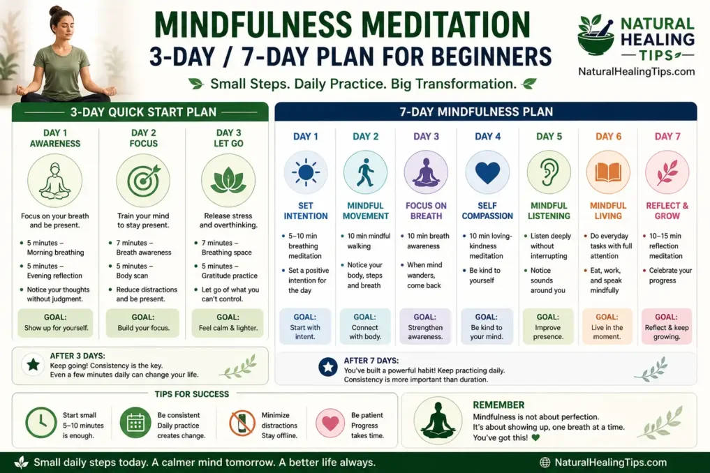 Mindfulness meditation for beginners 3 day and 7 day plan infographic showing daily routine for stress relief focus and emotional balance