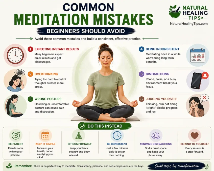 Mindfulness meditation for beginners common mistakes infographic showing overthinking poor posture distractions and inconsistency
