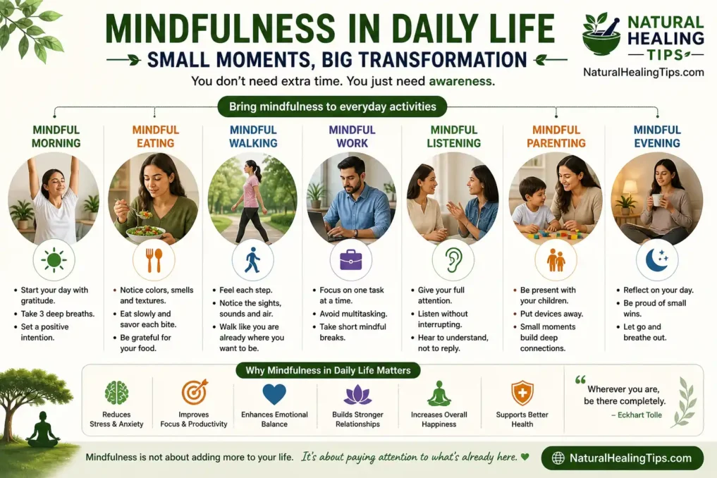 Mindfulness meditation for beginners practicing awareness during daily activities like eating walking and relaxing