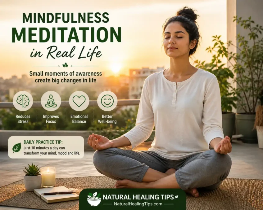 Mindfulness meditation for beginners practicing calm breathing in real life outdoor peaceful environment