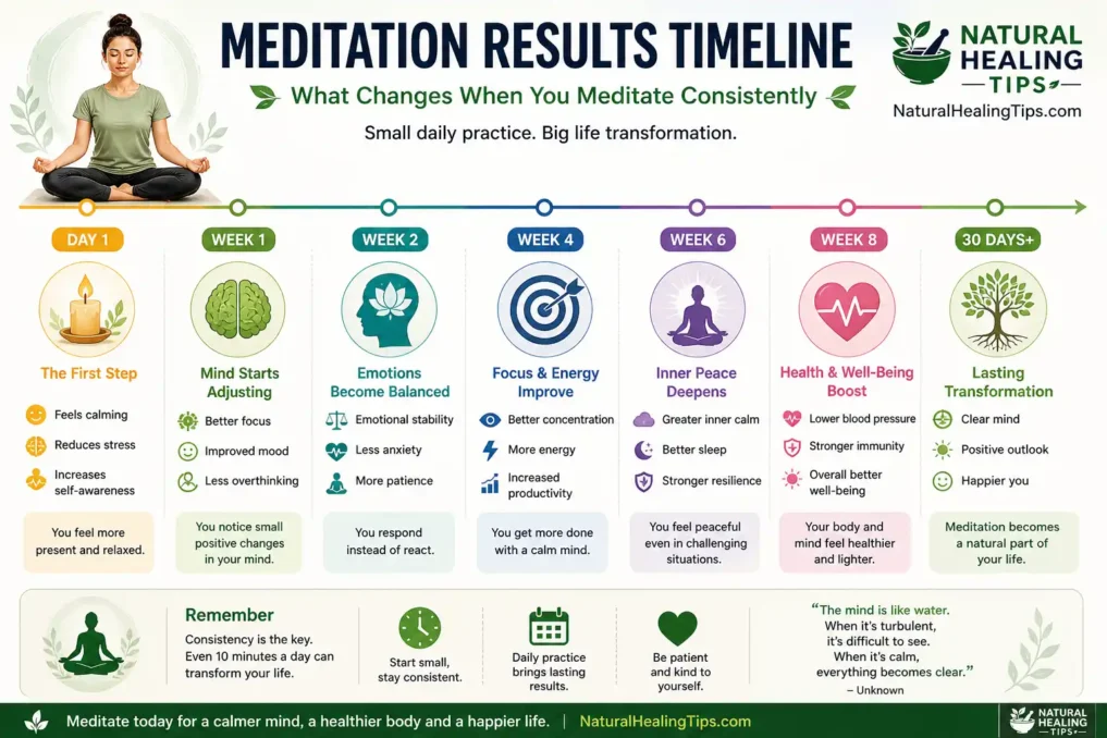 Mindfulness meditation for beginners timeline infographic showing benefits from day 1 to 30 days including stress reduction focus and emotional balance