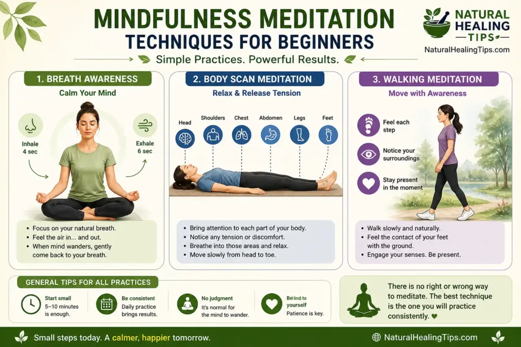 Mindfulness meditation for beginners techniques infographic showing breathing meditation body scan and walking meditation steps