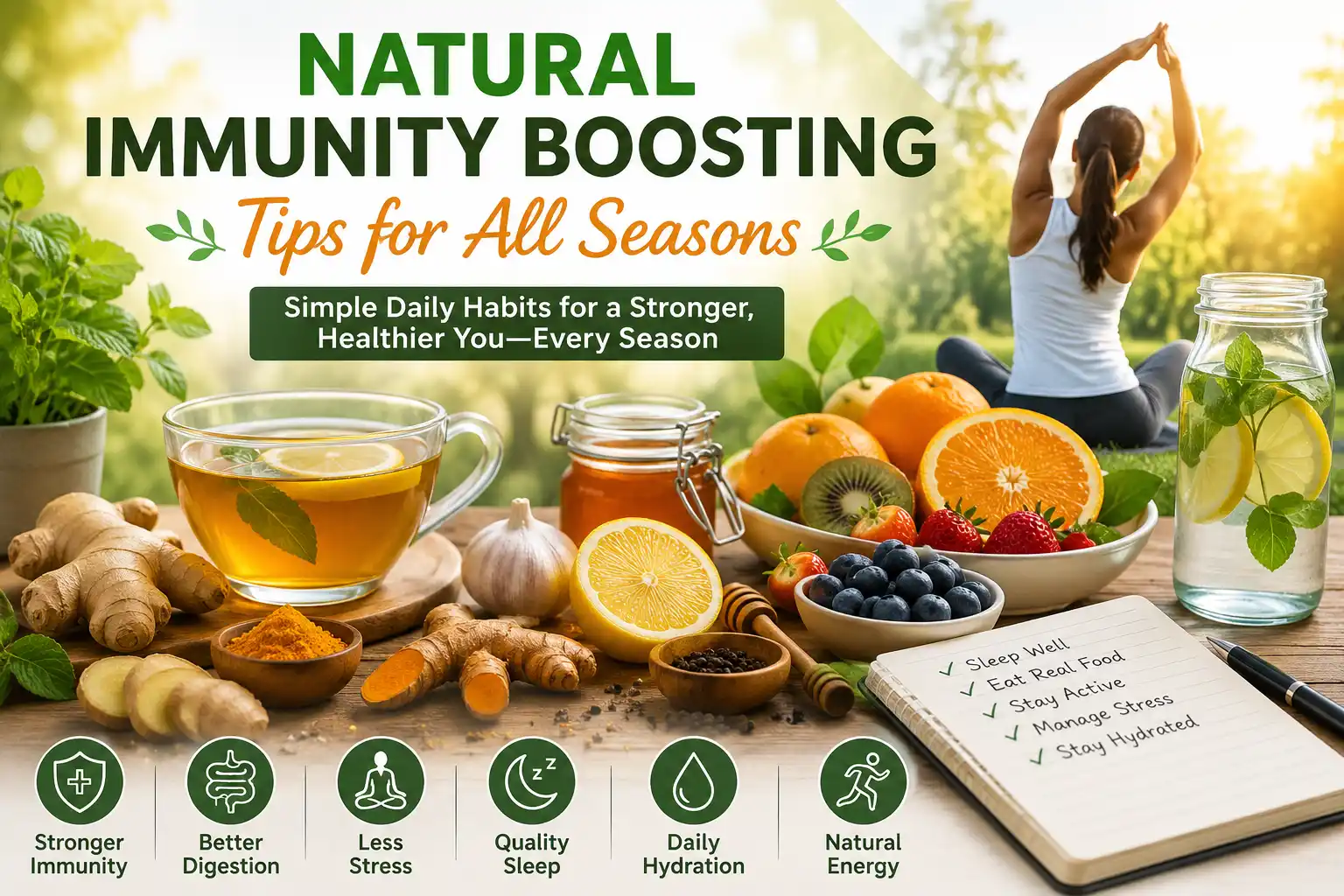 Natural Immunity Boosting Tips for All Seasons with herbal tea healthy foods hydration sleep and wellness habits