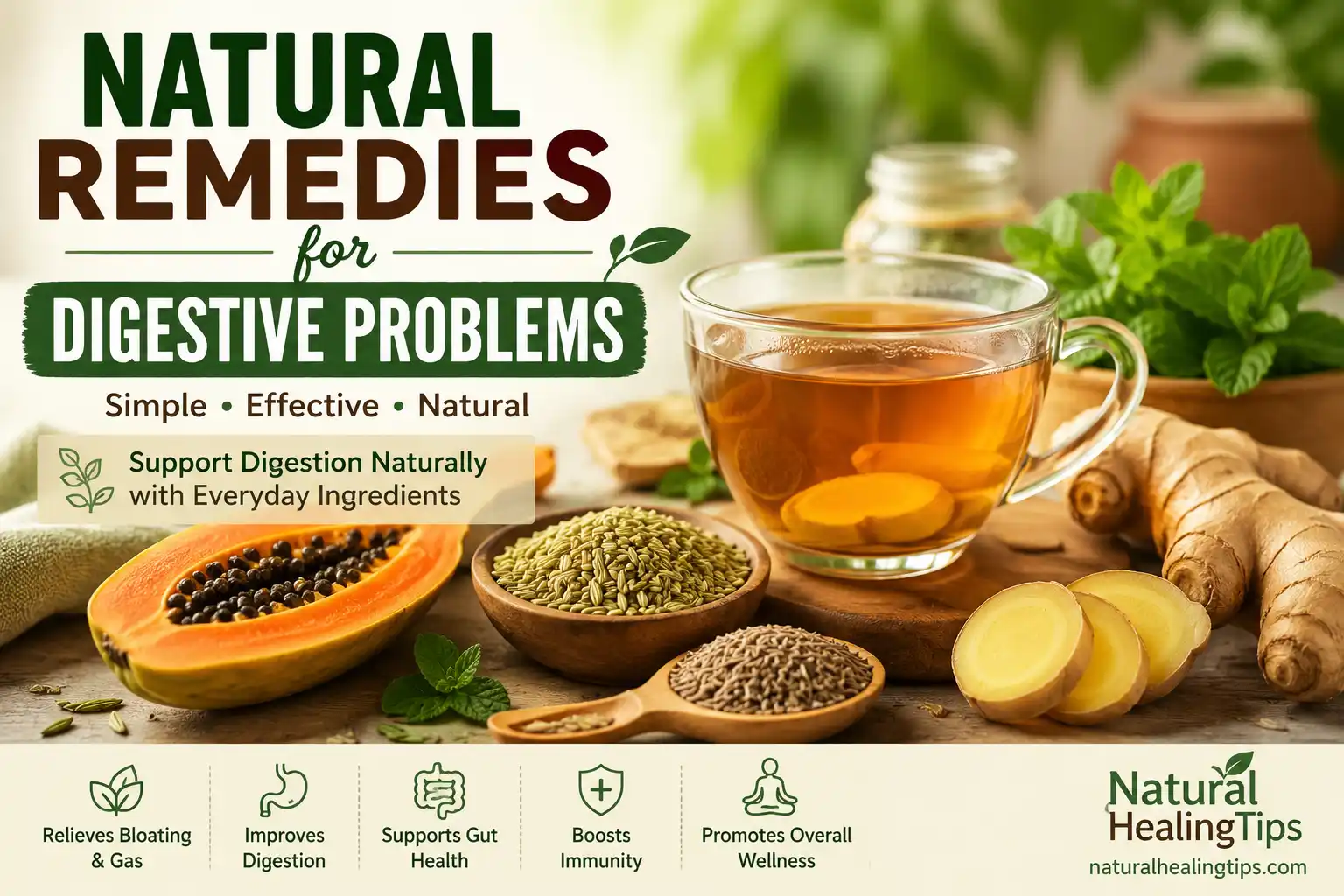 Natural remedies for digestive problems including ginger tea fennel seeds papaya and healthy digestive foods