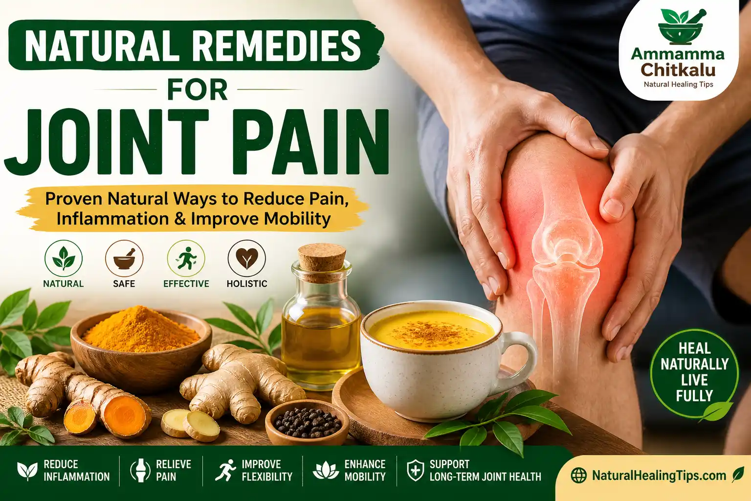 Natural remedies for joint pains including turmeric milk, ginger, and oil massage to reduce inflammation and improve joint mobility