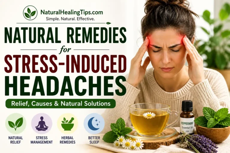 natural remedies for stress-induced headaches showing herbal tea, essential oils, and relaxation techniques for headache relief