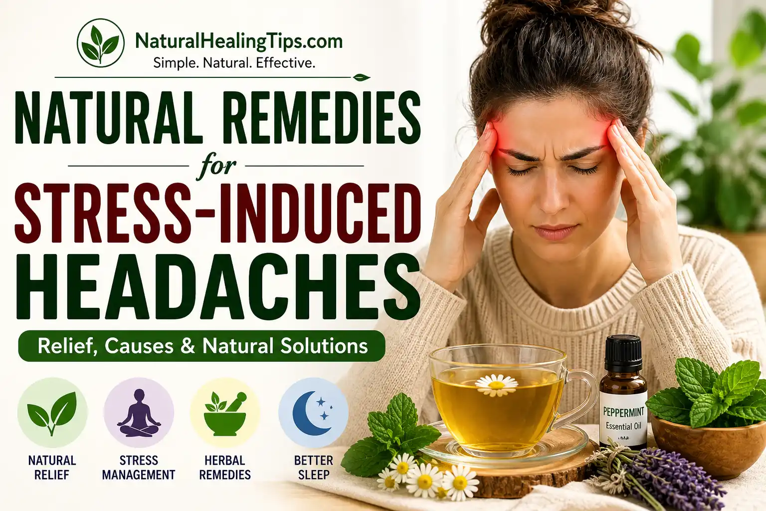 natural remedies for stress-induced headaches showing herbal tea, essential oils, and relaxation techniques for headache relief