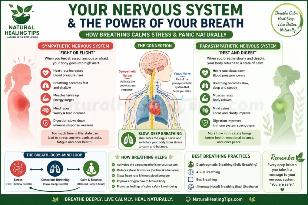 Nervous system diagram showing sympathetic fight or flight and parasympathetic rest and digest response with breathing techniques for stress and panic relief