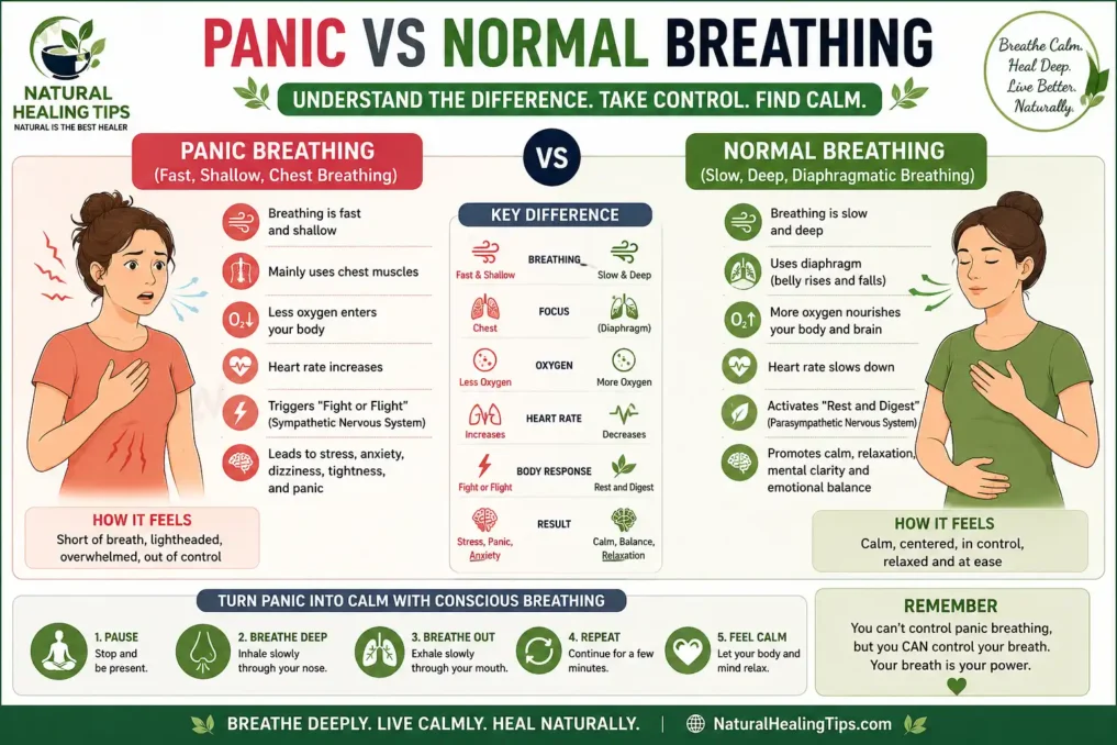 Panic vs normal breathing comparison showing fast shallow breathing vs slow deep breathing using breathing techniques for stress and panic relief