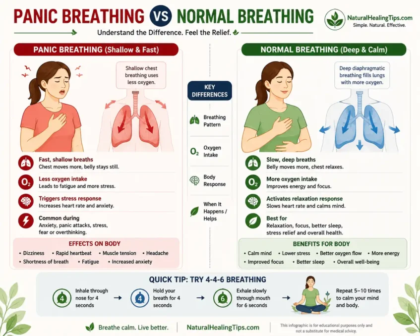 Natural Remedies for Stress-Induced Headaches 2 comparison infographic showing panic breathing vs normal breathing patterns with oxygen intake, stress response, and relaxation benefits