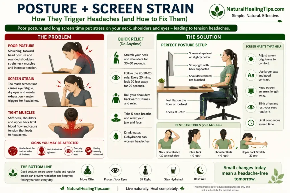 Natural Remedies for Stress-Induced Headaches 3 infographic showing poor posture and screen strain causing neck tension, eye strain, and stress headaches with ergonomic correction tips