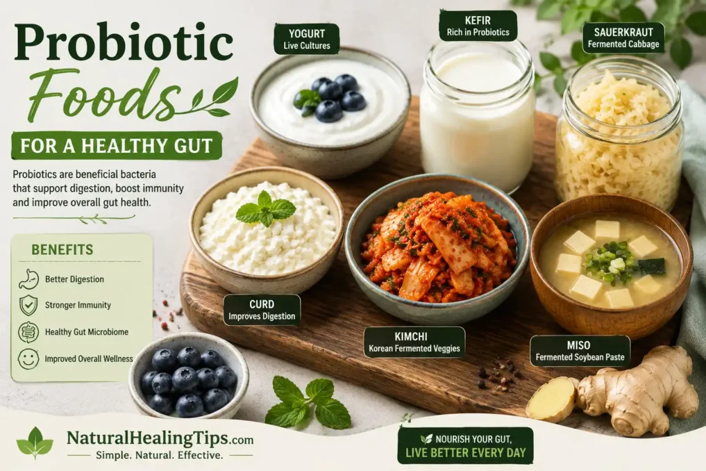Gut Health Foods for Better Digestion including yogurt, kefir, kimchi, curd, sauerkraut, and fermented probiotic foods for microbiome support