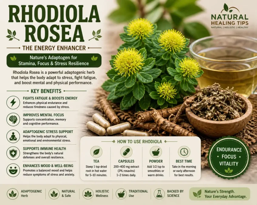 rhodiola rosea root and capsules used for boosting energy improving focus and reducing stress naturally