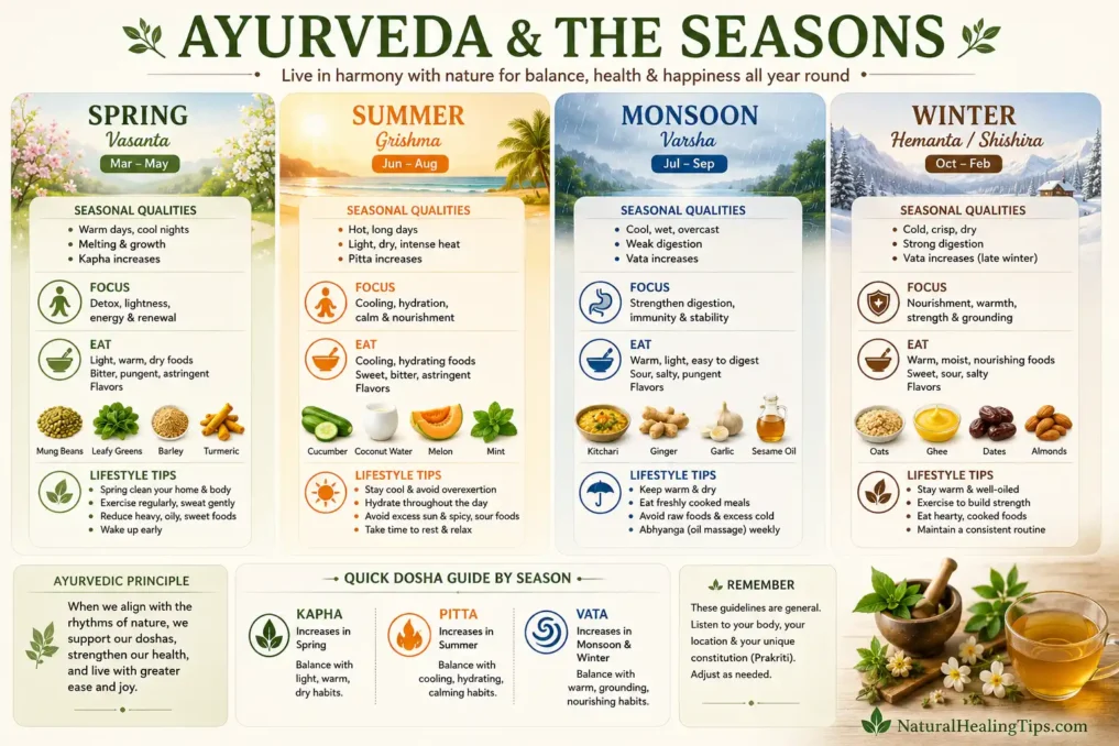 Seasonal Ayurveda infographic showing spring summer monsoon and winter wellness routines foods herbs and lifestyle practices
