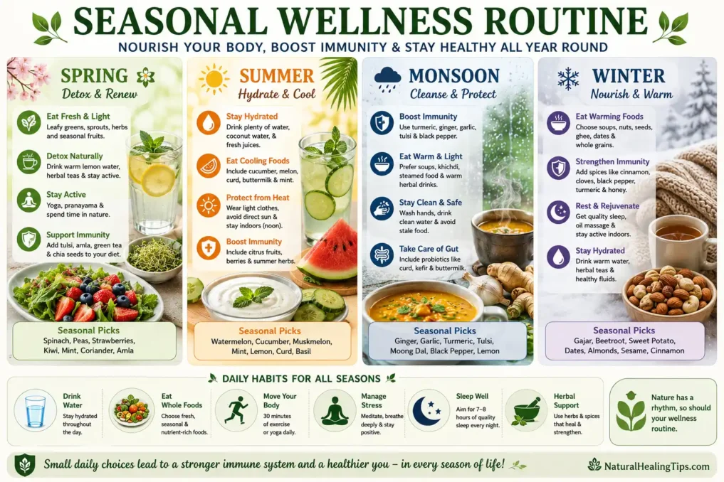 Natural Immunity Boosting Tips for All Seasons showing spring summer monsoon and winter wellness routines for immune health