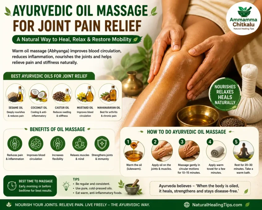 Warm sesame oil massage applied on knee joint for natural pain relief improving circulation and reducing inflammation