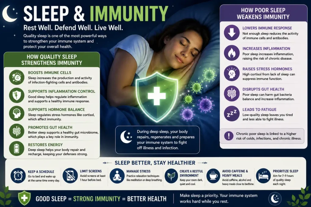 Natural Immunity Boosting Tips for All Seasons showing how quality sleep supports immune health recovery energy and stress balance