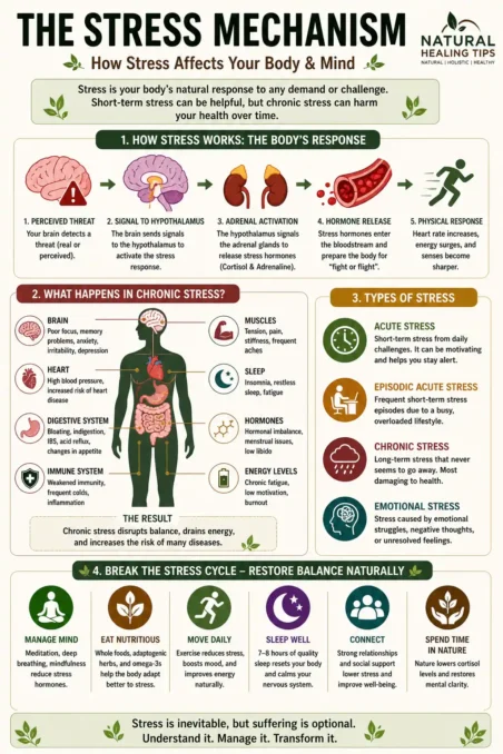 infographic showing how stress affects the body including cortisol levels hpa axis brain and energy fatigue