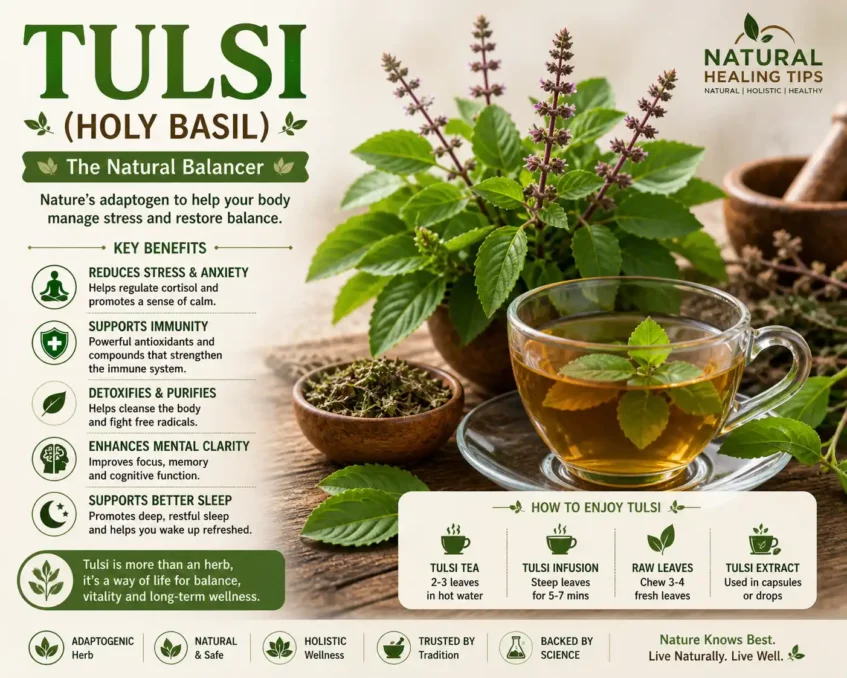 tulsi holy basil leaves and herbal tea used for stress relief immunity boost and mental clarity