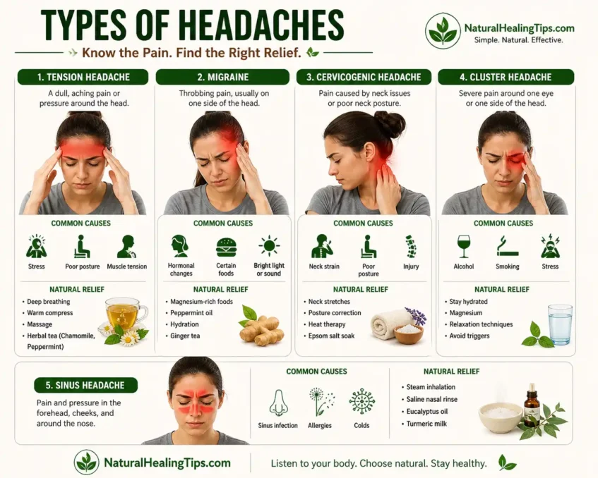 Natural Remedies for Stress-Induced Headaches 1 infographic showing types of headaches including tension headache, migraine, cervicogenic and sinus headache with causes and natural remedies
