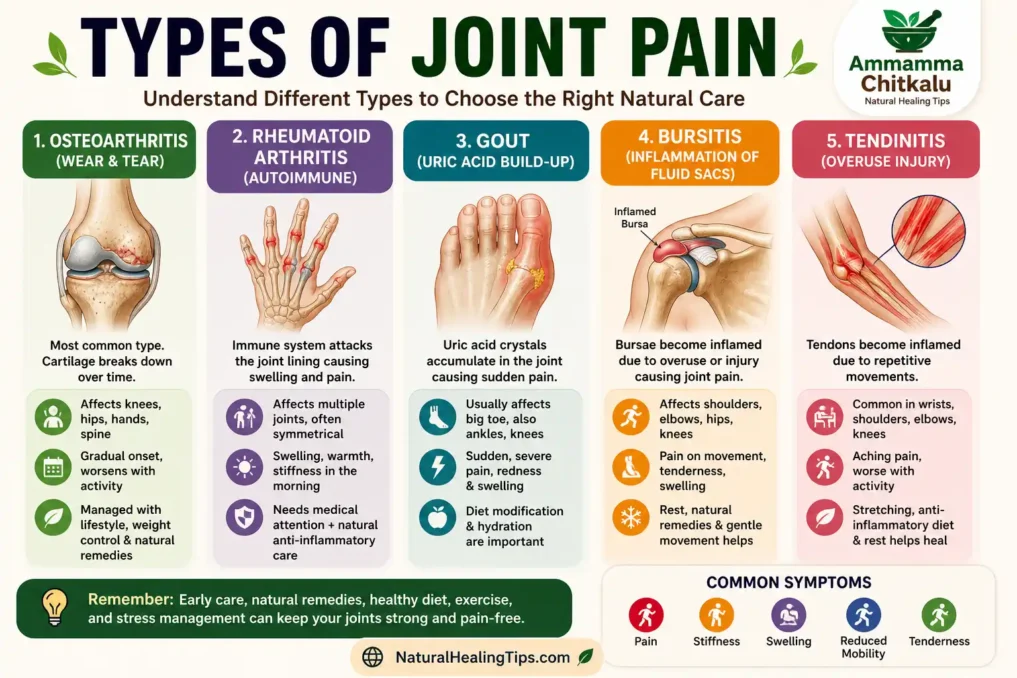 Diagram showing different types of joint pain including osteoarthritis rheumatoid arthritis gout and joint inflammation in knees hands and feet