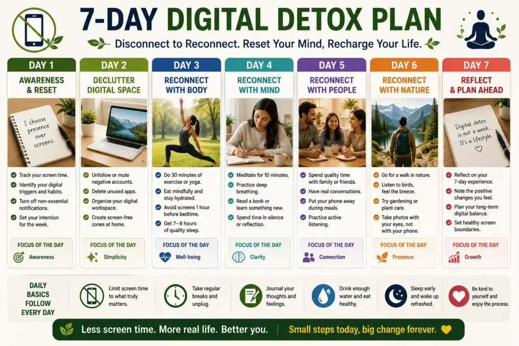 Infographic showing a 7-day digital detox plan with daily screen-free activities including reducing notifications, mindful breaks, outdoor walks, family time, meditation, reading, and healthier digital habits.