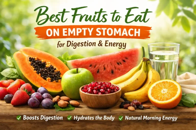 Best Fruits to Eat on Empty Stomach for a Healthy Morning – fresh papaya, watermelon, banana, apple, pomegranate, and citrus fruits arranged for a nutritious breakfast