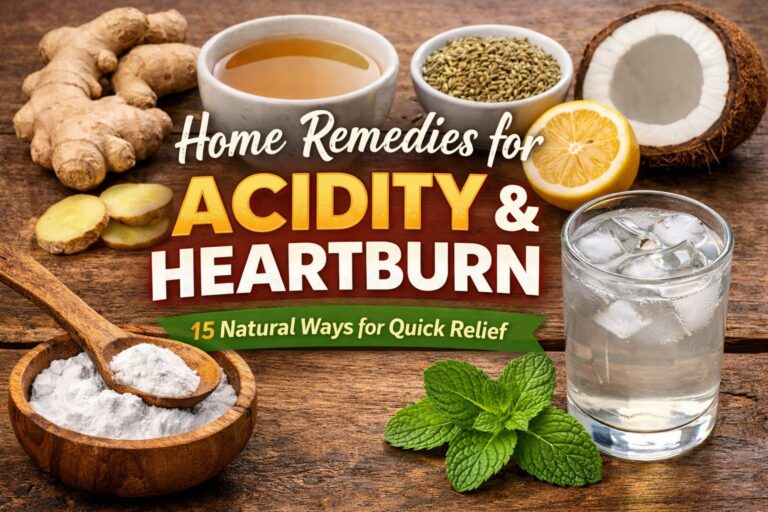 Home remedies for acidity & heartburn with natural ingredients like ginger, fennel, lemon, coconut, mint, and herbal tea