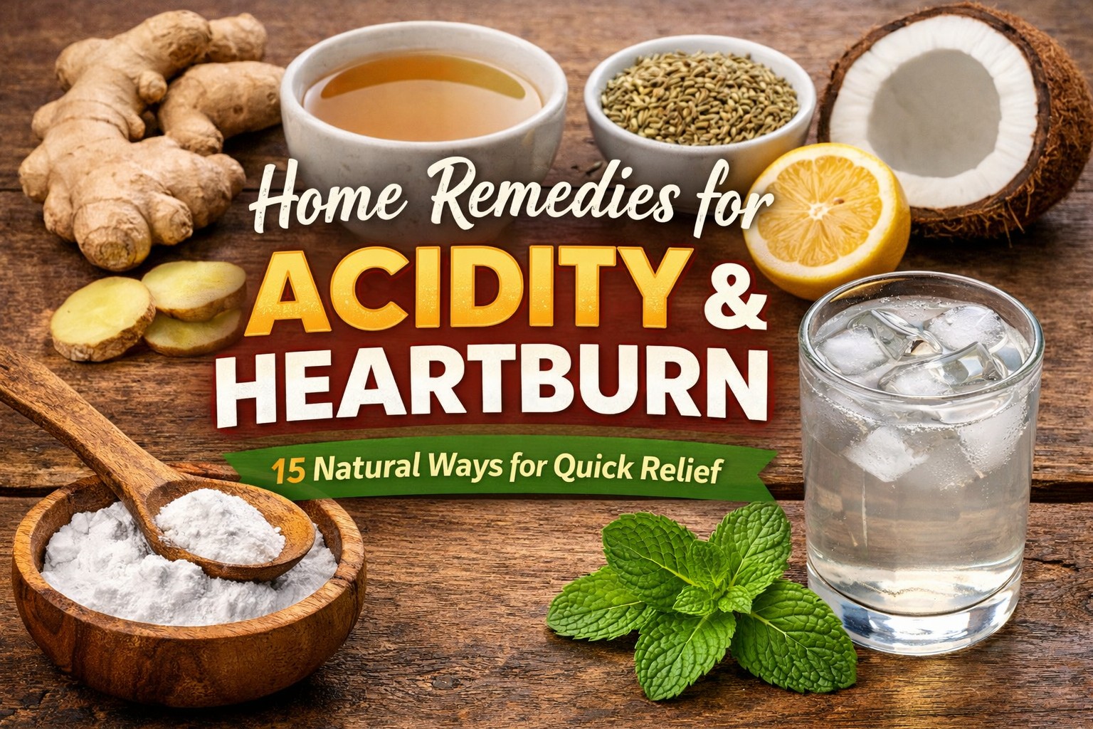 Home remedies for acidity & heartburn with natural ingredients like ginger, fennel, lemon, coconut, mint, and herbal tea