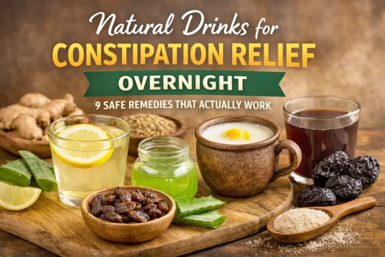 Natural drinks for constipation relief overnight including lemon water, prune juice, aloe vera juice, milk with ghee, and psyllium husk on a wooden table