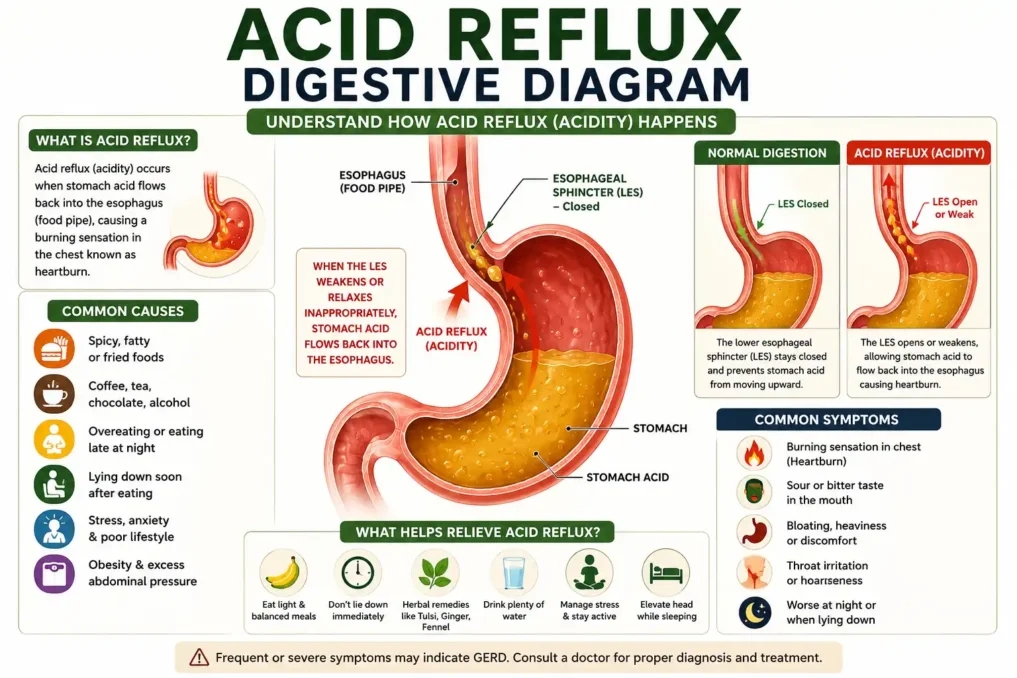 Medical-style digestive diagram showing stomach acid moving upward into the esophagus causing acid reflux and heartburn symptoms