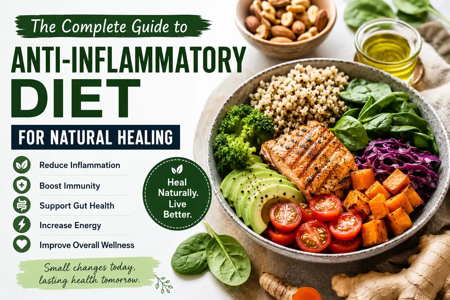 Anti-inflammatory diet for natural healing featuring salmon, avocado, broccoli, spinach, olive oil, nuts, and healthy whole foods for reducing inflammation naturally