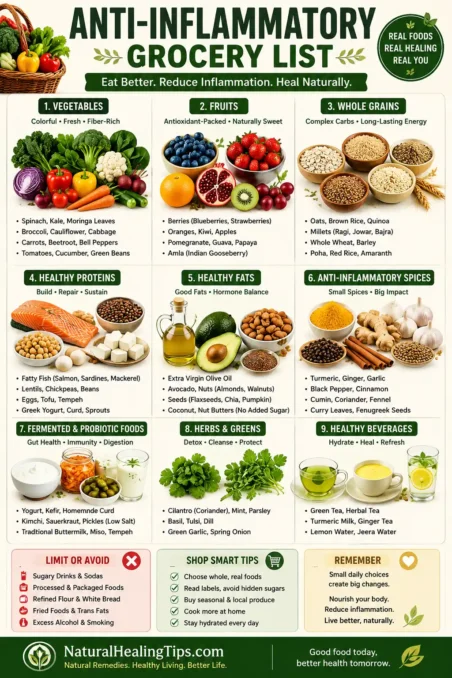 Anti-Inflammatory Diet for Natural Healing 5 Anti-inflammatory grocery list visual featuring leafy greens, berries, salmon, turmeric, nuts, seeds, olive oil, avocados, lentils, and healthy whole foods for natural healing