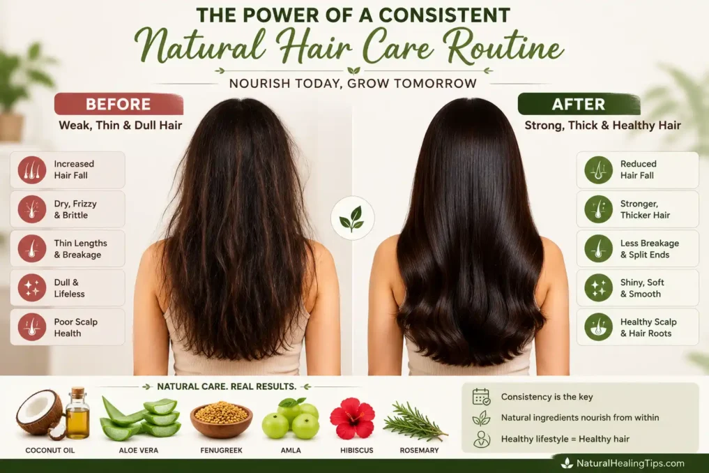 Comparison showing weak frizzy hair before and healthier shinier stronger hair after following a natural hair care routine