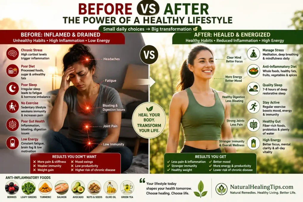 Anti-Inflammatory Diet for Natural Healing 8 Before and after anti-inflammatory lifestyle concept showing unhealthy habits with fatigue and inflammation versus healthy habits with energy, better digestion, exercise, and natural healing