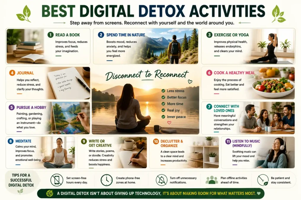 Lifestyle illustration showing healthy digital detox activities such as reading books, walking outdoors, journaling, yoga, gardening, meditation, and spending quality time offline without screens.