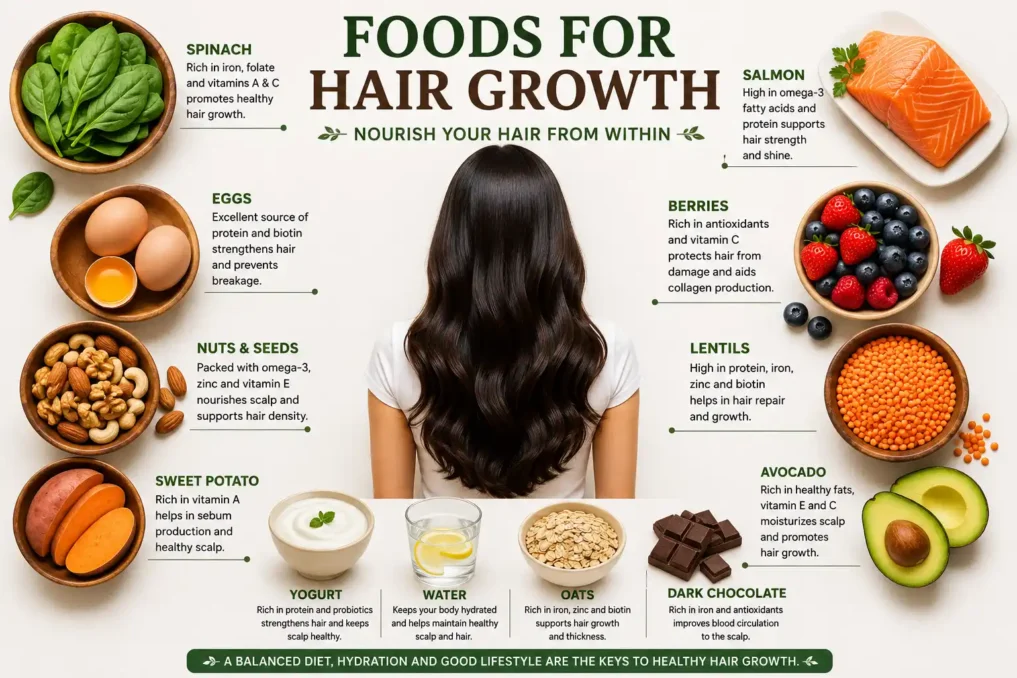 Healthy foods like eggs spinach nuts berries seeds salmon and lentils that support natural hair growth and scalp health