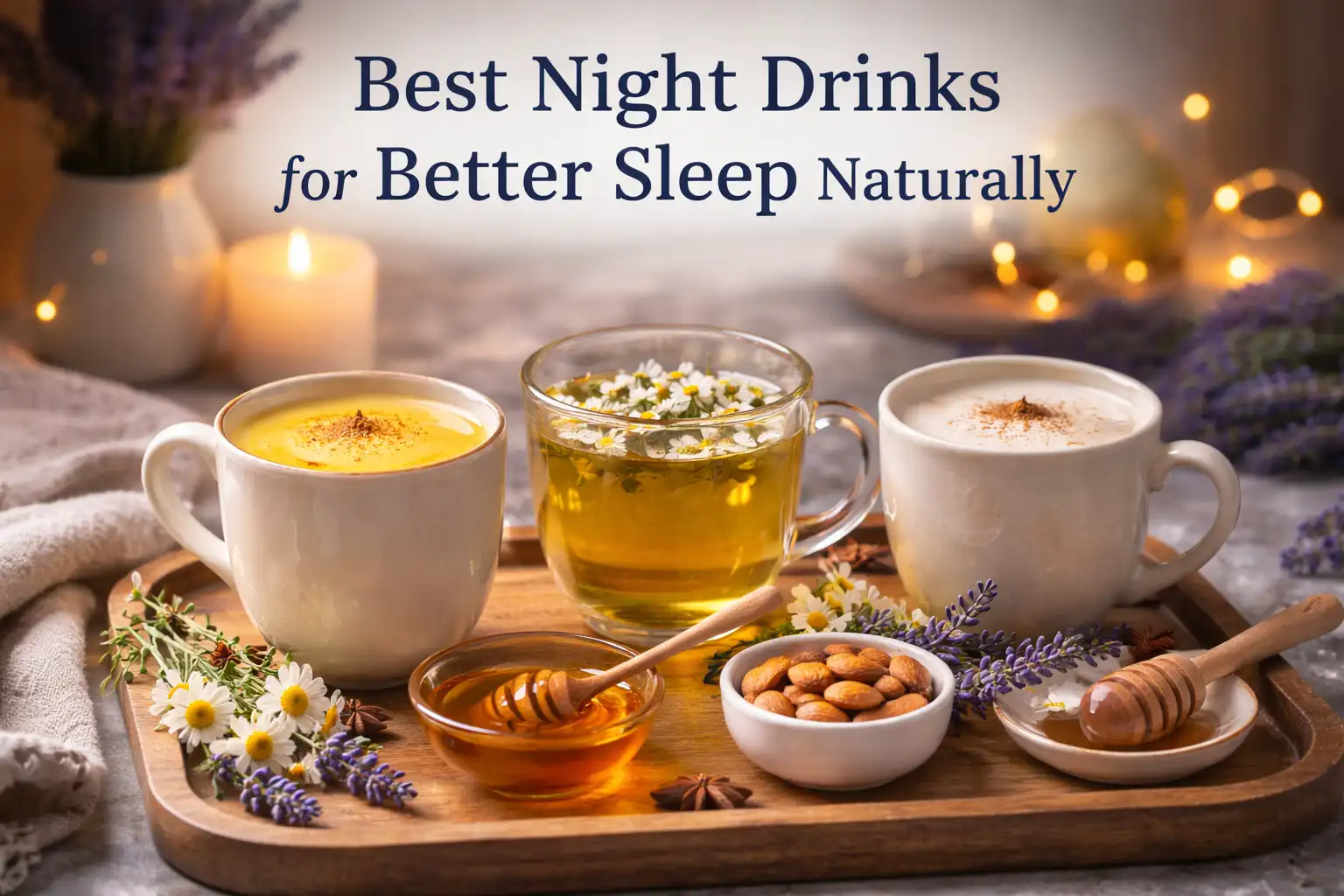 Best night drinks for better sleep naturally including chamomile tea, turmeric milk and warm milk with honey on a cozy night tray.