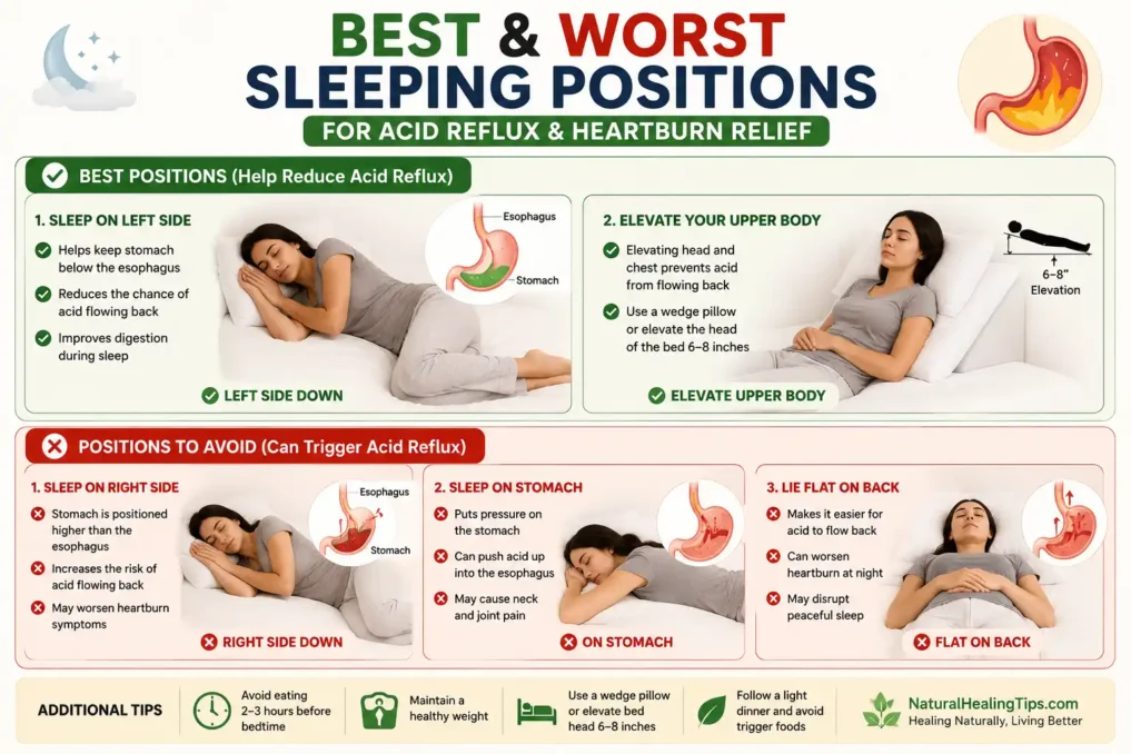 Illustration showing the best sleeping posture for acid reflux with elevated head position and left-side sleeping to reduce heartburn at night