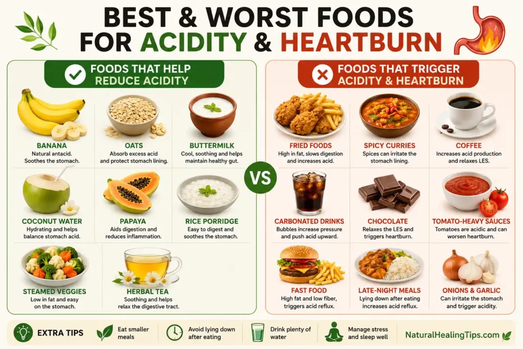 Infographic comparing foods that help reduce acidity such as banana, oats, buttermilk, and papaya with foods that trigger acid reflux including fried foods, coffee, spicy meals, and soda