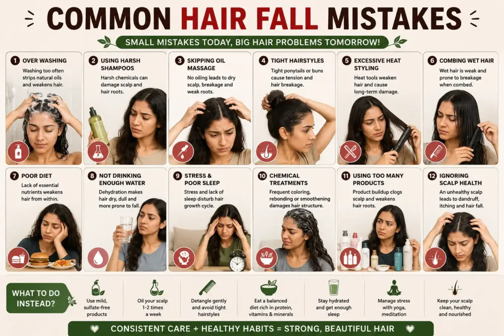 Infographic showing common hair fall mistakes like excessive heat styling poor diet stress tight hairstyles and harsh hair products