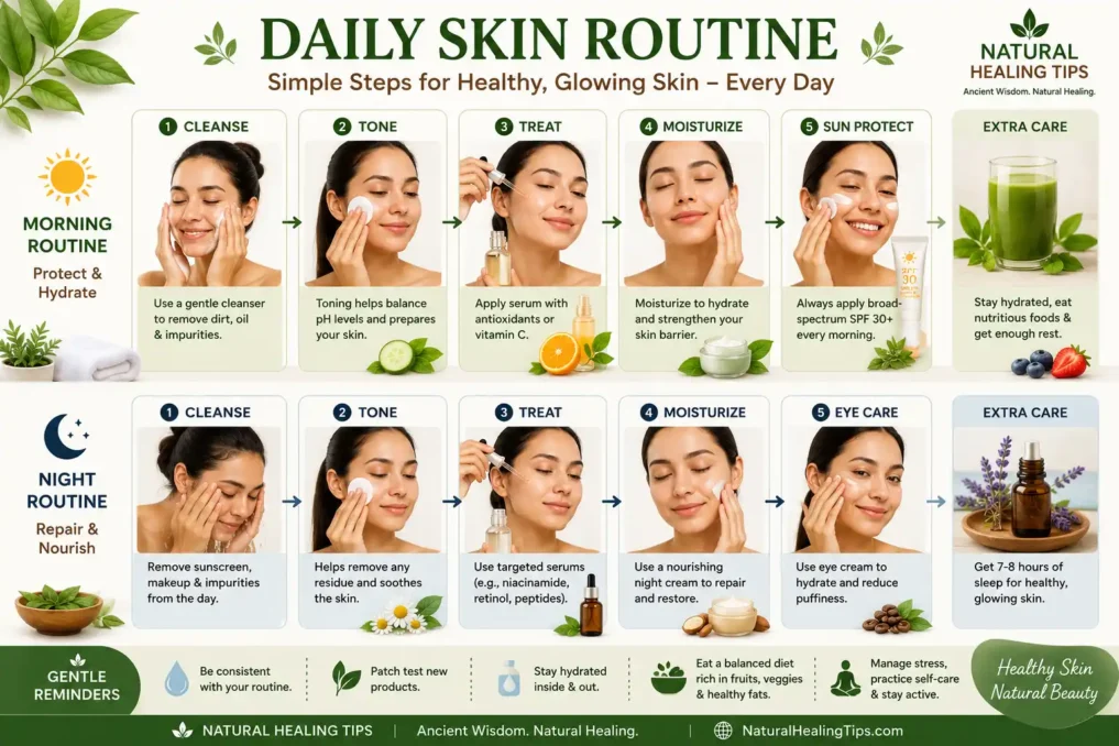 Skin Healing Herbs for Clear, Glowing Skin 7 Morning and nighttime herbal skincare routine infographic showing cleansing, moisturizing, hydration, and natural skin care steps