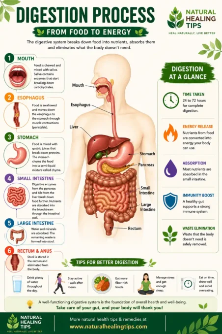 Detailed digestion process infographic showing mouth, stomach, intestines, and nutrient absorption with natural digestion tips