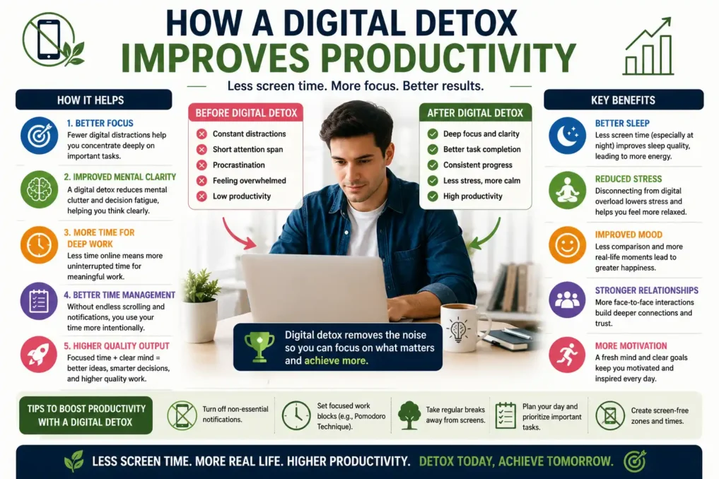 Illustration showing a focused person working calmly without distractions while phone notifications are minimized, representing how reducing screen time improves productivity, concentration, time management, and mental clarity.