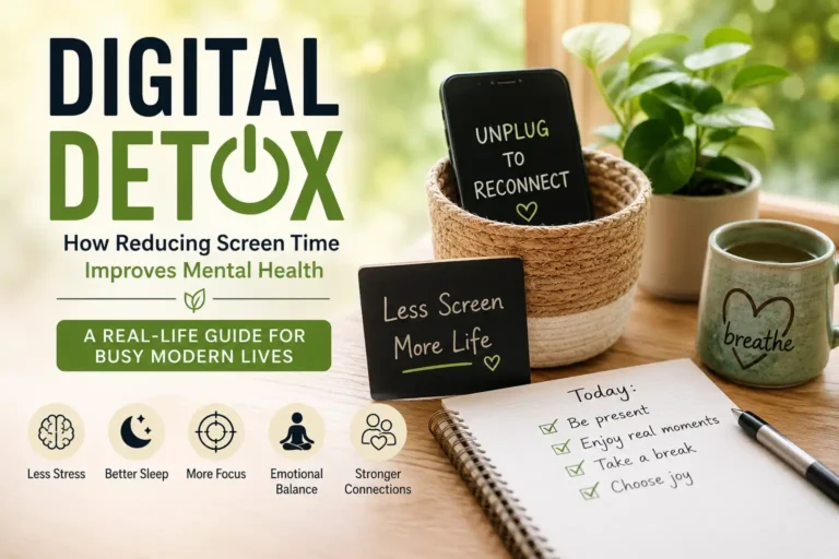 Featured image showing a digital detox concept with a smartphone kept aside, calming workspace, notebook, tea mug, and greenery representing reduced screen time for better mental health, focus, sleep, and emotional wellbeing.