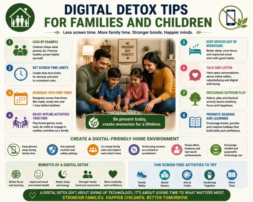 Healthy family lifestyle illustration showing parents and children spending screen-free time together through outdoor play, reading, family meals, board games, and meaningful conversations instead of using phones or tablets.