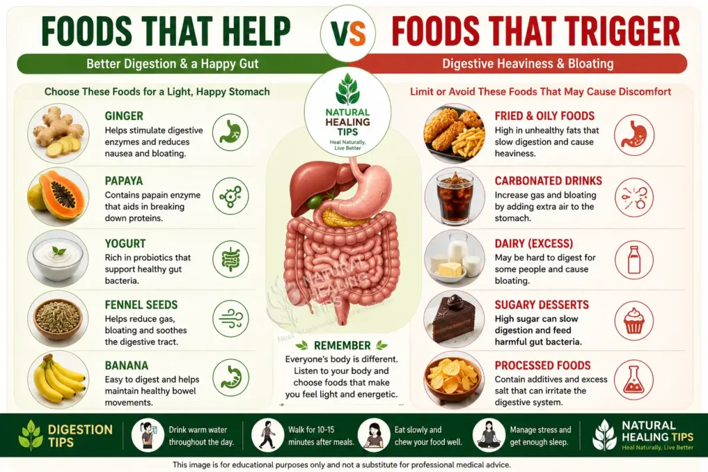 Comparison infographic showing foods that support digestion versus foods that trigger bloating and stomach heaviness